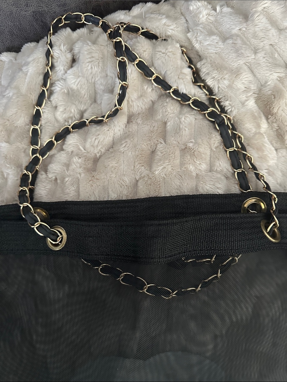 Black Mesh Tote with Gold-Trim Chain Straps - Picture 2 of 4